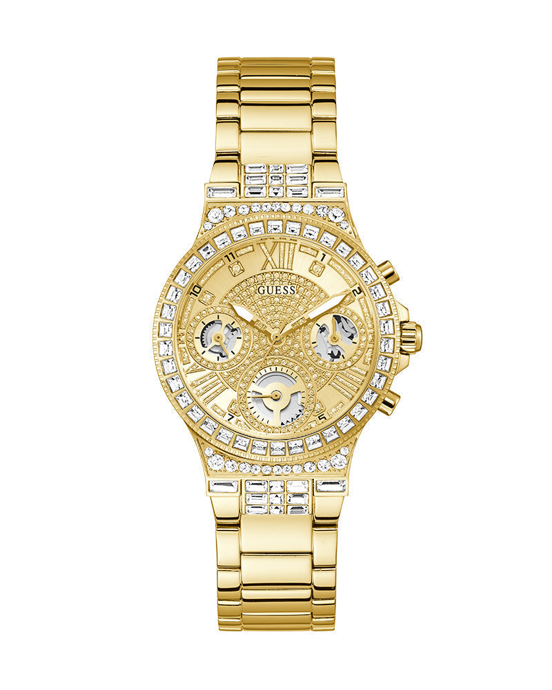 Guess Moonlight Multi Function Diamonds Gold Dial Gold Steel Strap Watch for Women - GW0320L2