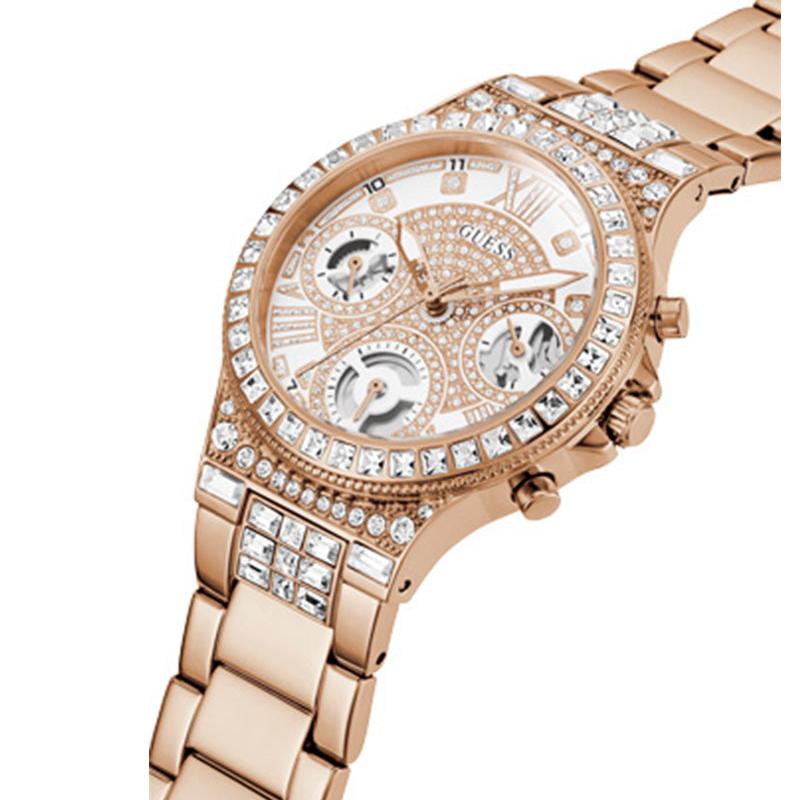Guess Moonlight Multi Function Diamonds White Dial Rose Gold Steel Strap Watch for Women - GW0320L3