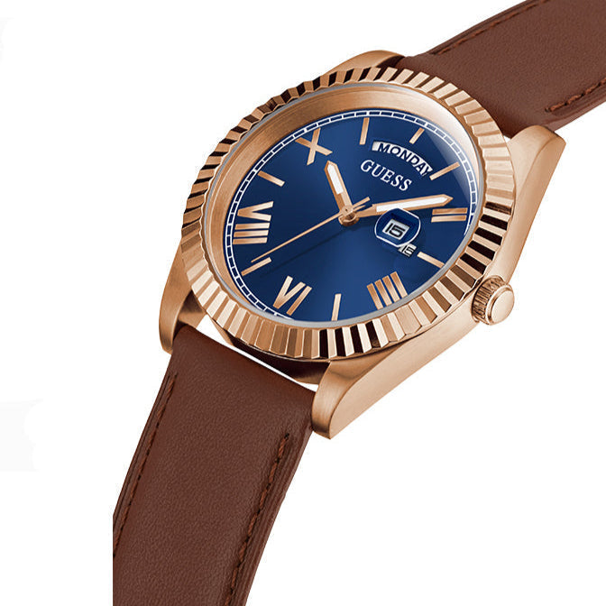 Guess Connoisseur Blue Dial Brown Leather Strap Watch For Men - GW0353G2