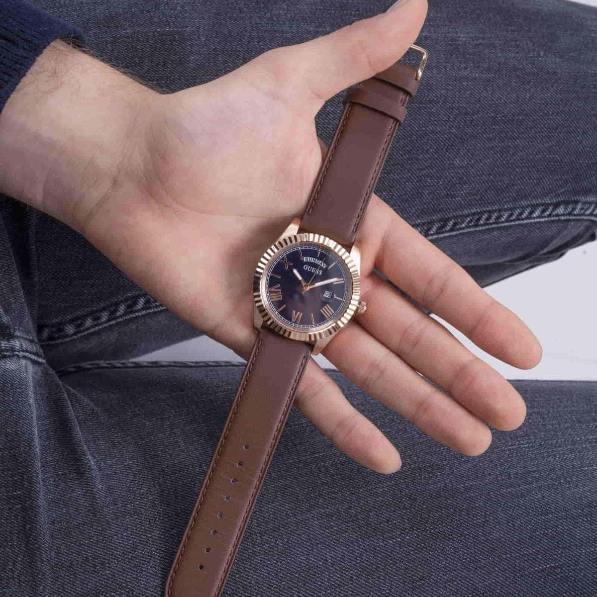 Guess Connoisseur Blue Dial Brown Leather Strap Watch For Men - GW0353G2