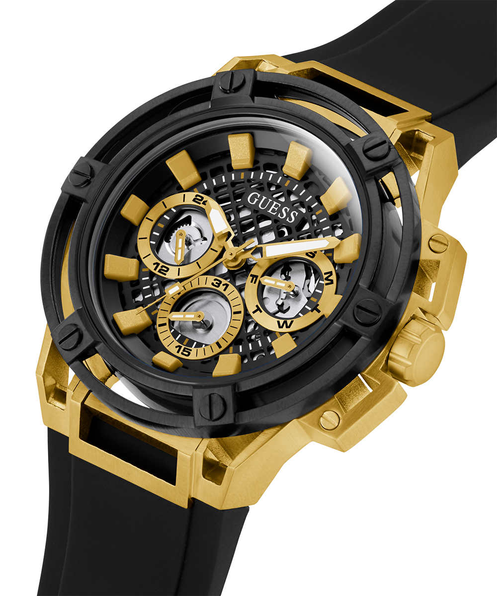 Guess Matrix Multifunction Gold Dial Black Rubber Strap Watch For Men - GW0423G2
