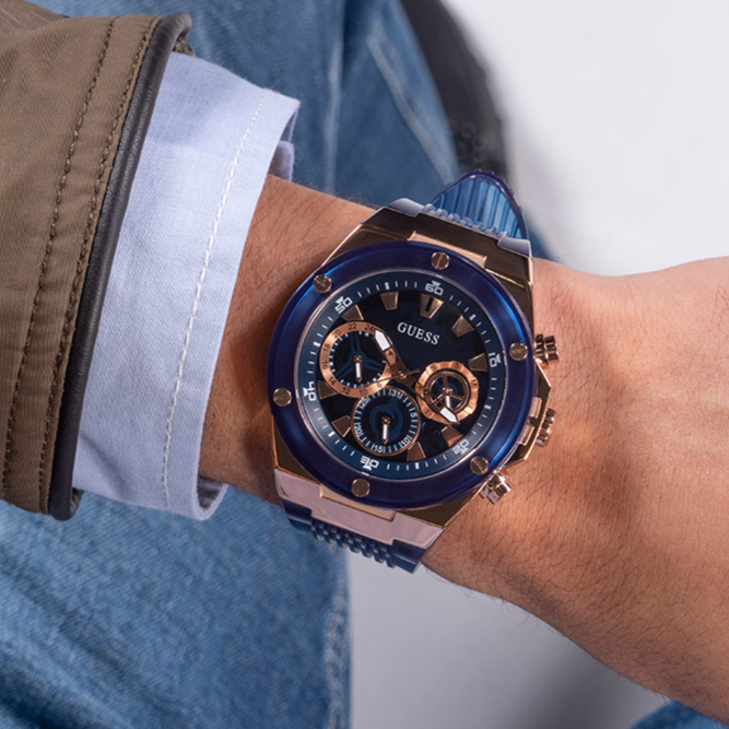 Guess Poseidon Chronograph Blue Dial Blue Silicone Strap Watch For Men - GW0425G3