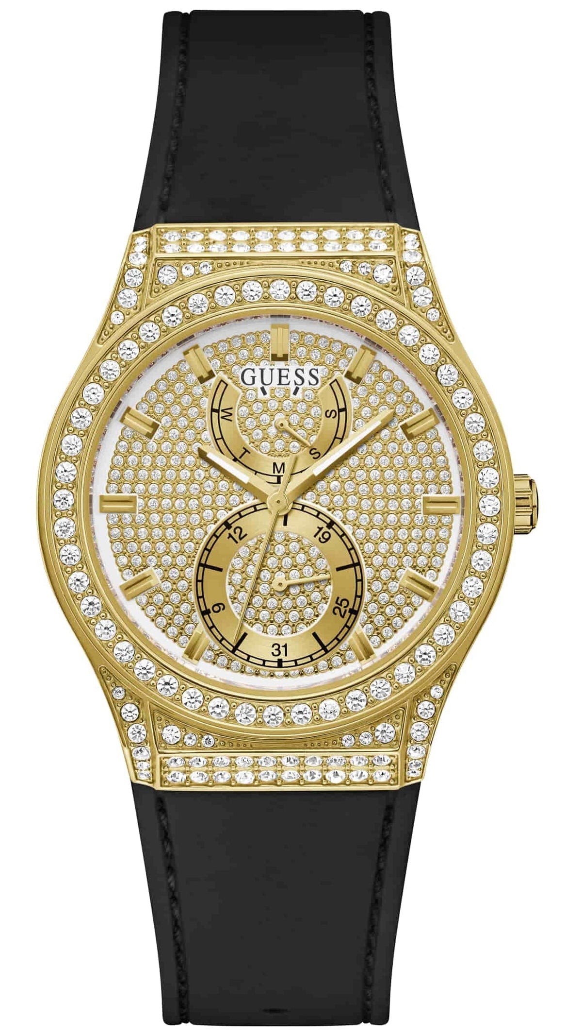 Guess Princess Crystals Gold Dial Black Silicone Strap Watch For Women - GW0439L2