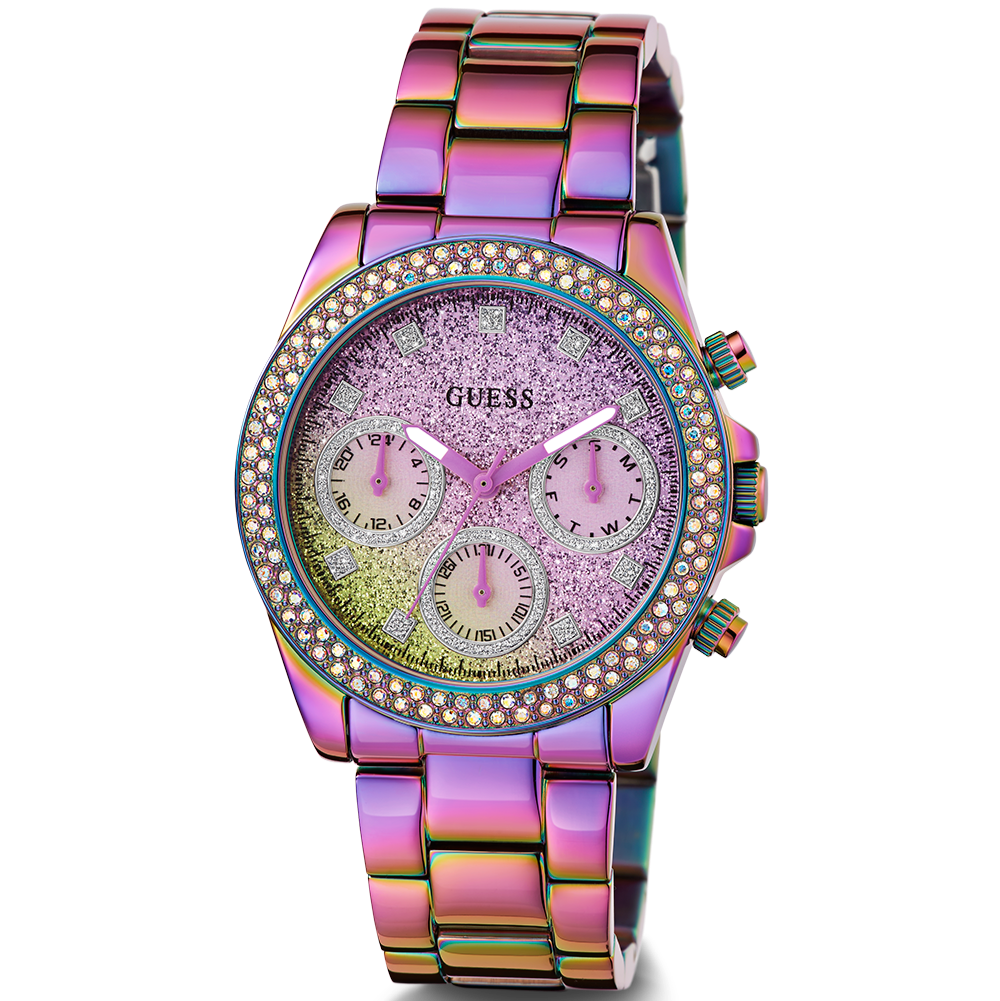 Guess Confetti Chronograph Crystals Multicolor Dial Purple Steel Strap Watch For Women - GW0483L5