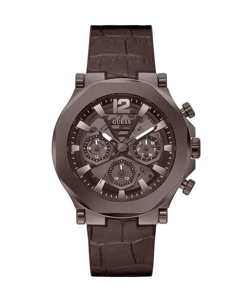Guess Edge Chronograph Brown Dial Brown Leather Strap Watch For Men - GW0492G2