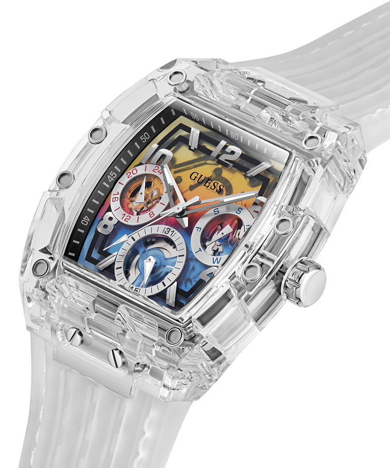 Guess Phoenix Polycarbonate Clear Multi-function Black Dial Clear Rubber Strap Watch for Men - GW0499G3