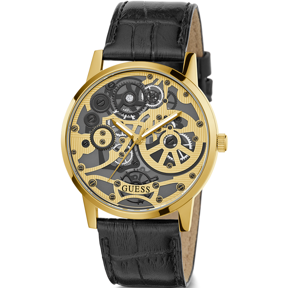 Guess Gadget Gold Dial Black Leather Strap Watch for Men - GW0570G1