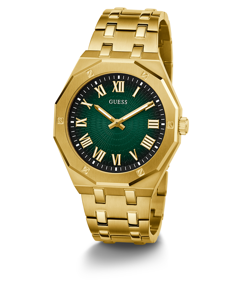 Guess Asset Quartz Green Dial Gold Steel Strap Watch For Men - GW0575G2