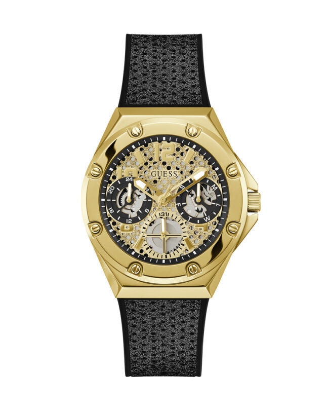 Guess Asteria Multifunction Gold Dial Black Rubber Strap Watch For Women - GW0620L2