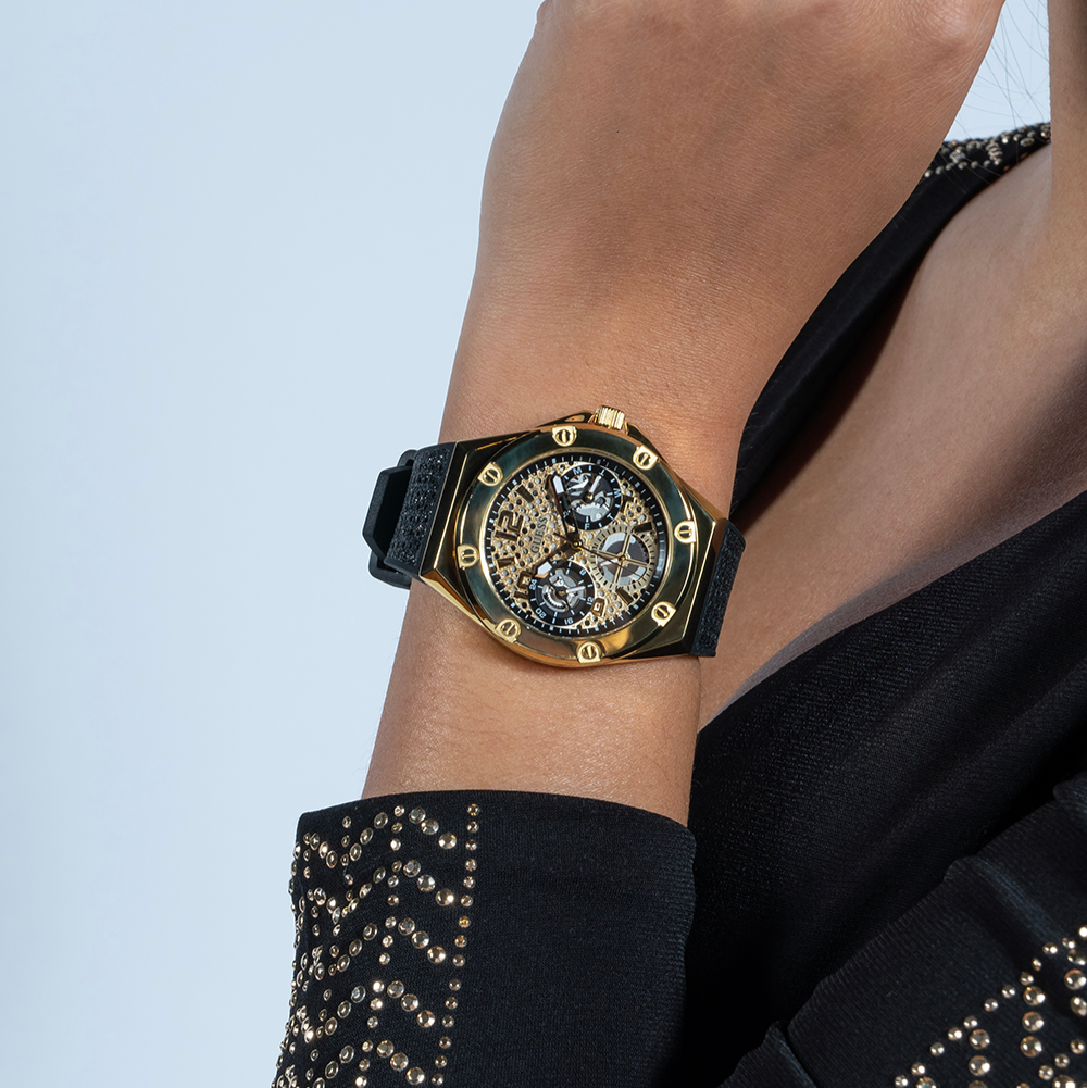 Guess Asteria Multifunction Gold Dial Black Rubber Strap Watch For Women - GW0620L2