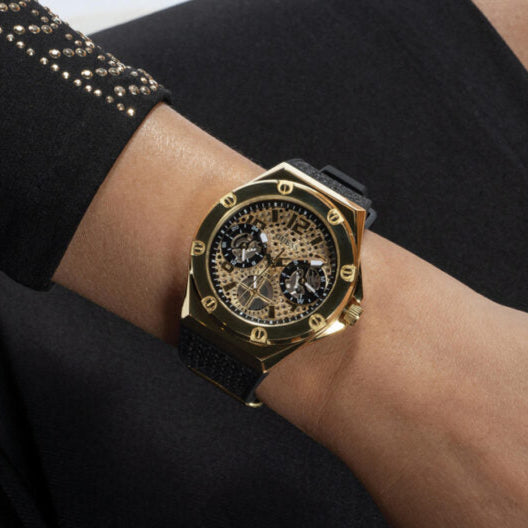 Guess Asteria Multifunction Gold Dial Black Rubber Strap Watch For Women - GW0620L2