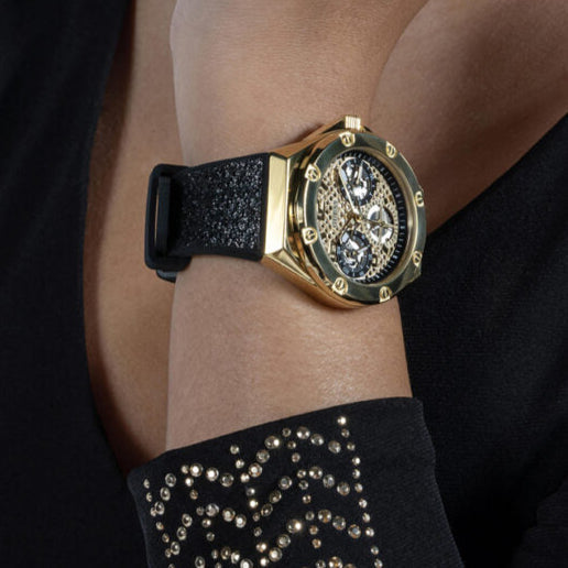 Guess Asteria Multifunction Gold Dial Black Rubber Strap Watch For Women - GW0620L2