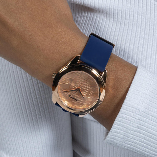 Guess Cubed Analog Rose Gold Dial Blue Leather Strap Watch For Women - GW0665L2