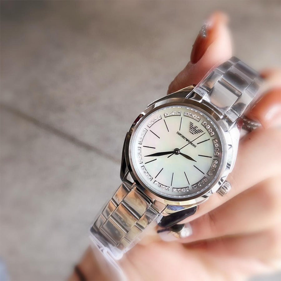 Emporio Armani Valeria Quartz Mother of Pearl Dial Silver Steel Strap Watch For Women - AR11030