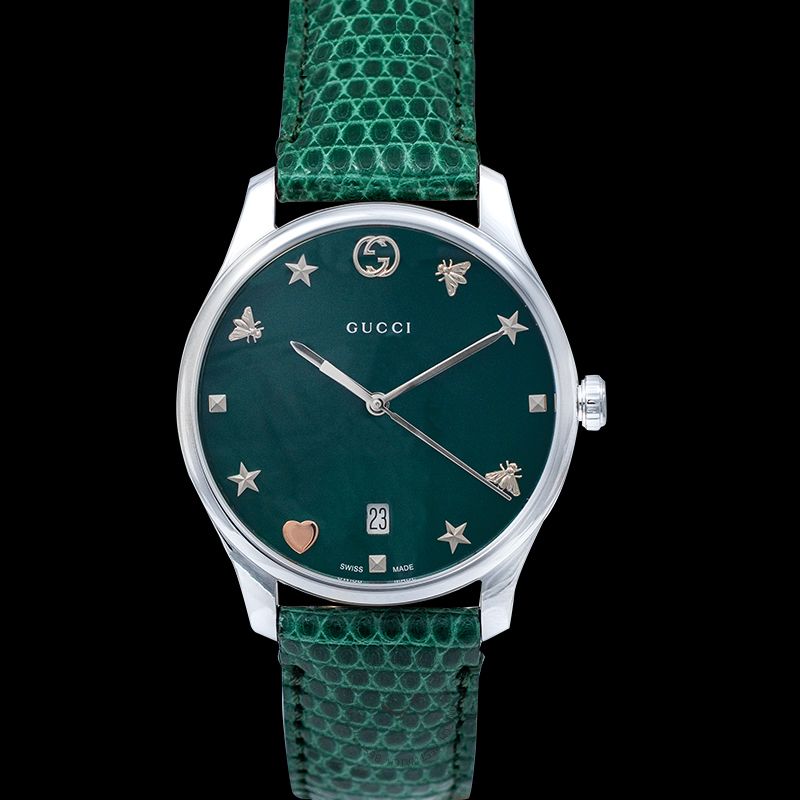 Gucci G-Timeless Green Mother of Pearl Dial Green Leather Strap Watch For Women - YA126585