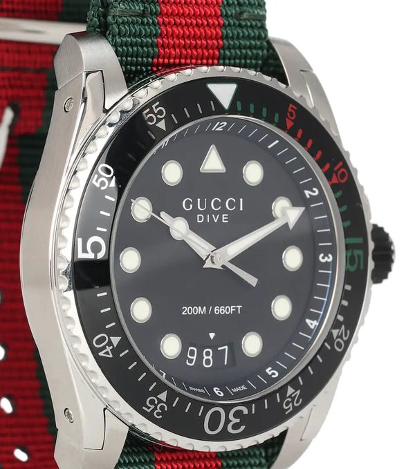Gucci Dive Black Dial Red & Green Nylon Strap Watch For Men - YA136209