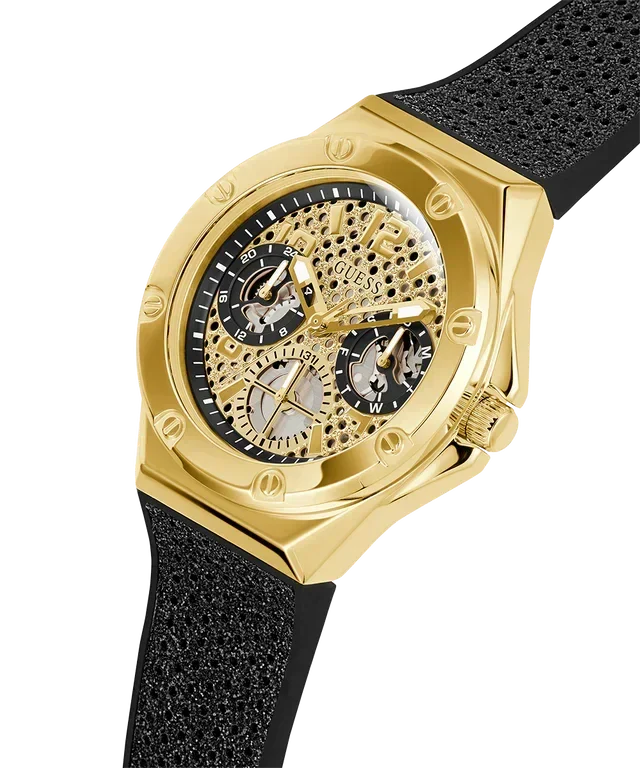 Guess Asteria Multifunction Gold Dial Black Rubber Strap Watch For Women - GW0620L2