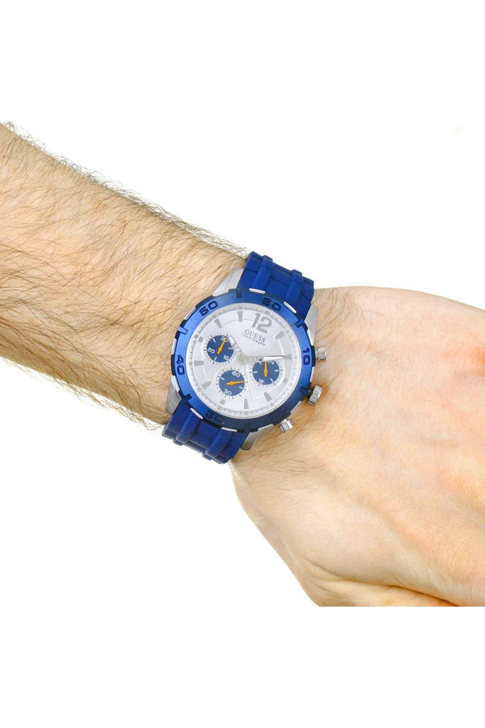 Guess Caliber Chronograph White Dial Blue Rubber Strap Watch for Men - W0864G6