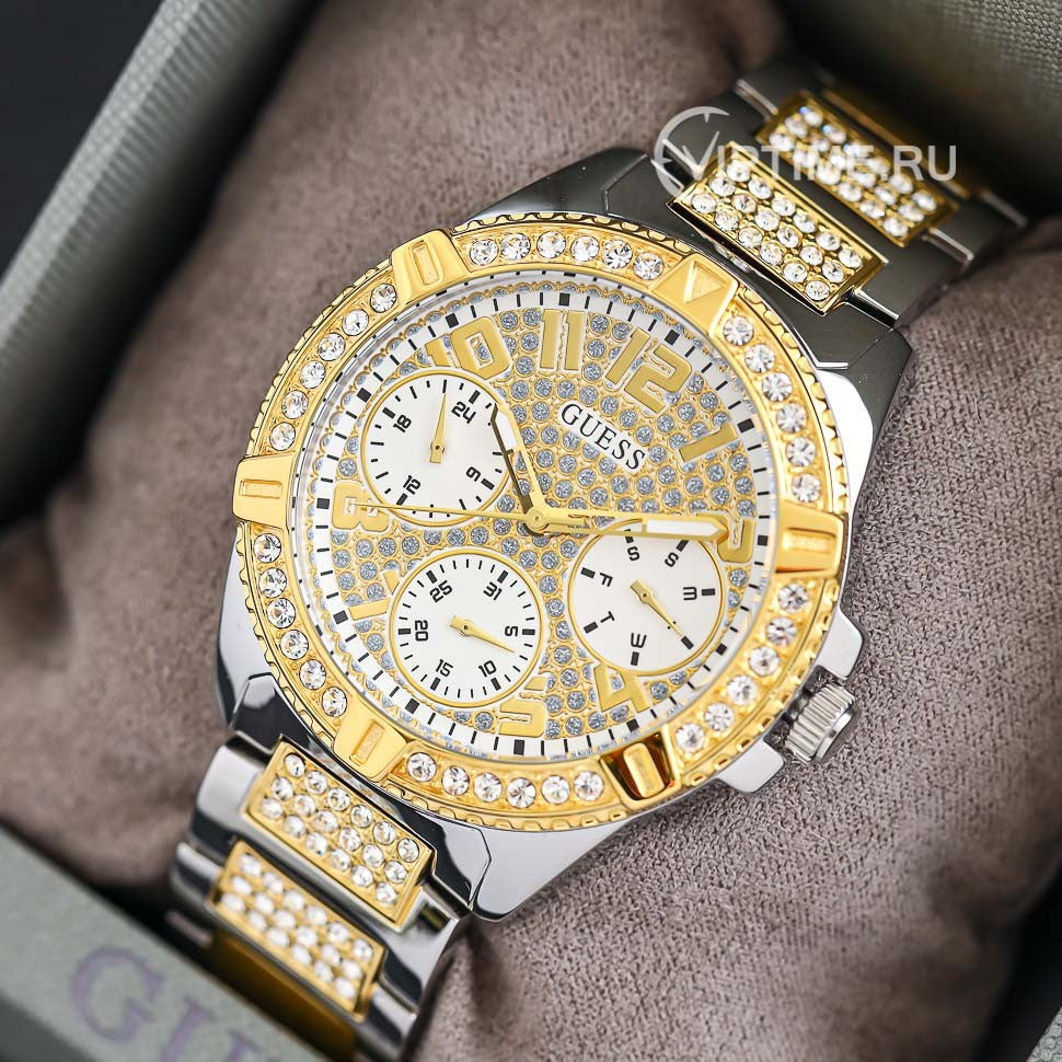 Guess Frontier Chronograph Crystals Gold Dial Two Tone Steel Strap Watch For Women - W1156L5