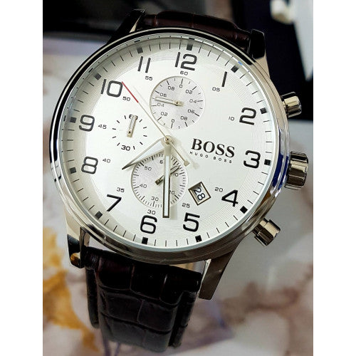Hugo Boss Aeroliner Chronoraph White Dial Brown Leather Strap Watch For Men - 1512447