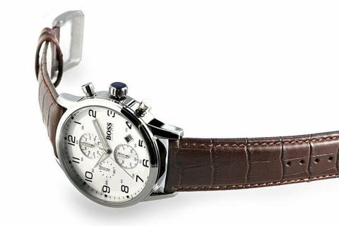 Hugo Boss Aeroliner Chronoraph White Dial Brown Leather Strap Watch For Men - 1512447