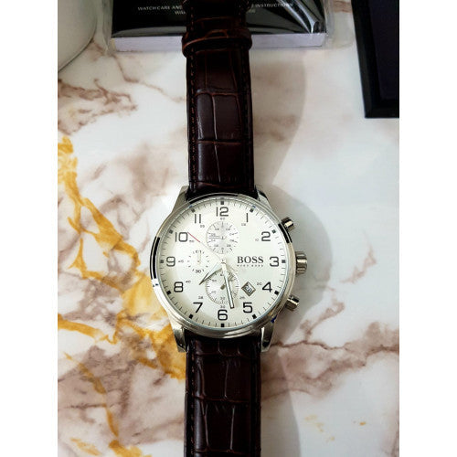 Hugo Boss Aeroliner Chronoraph White Dial Brown Leather Strap Watch For Men - 1512447
