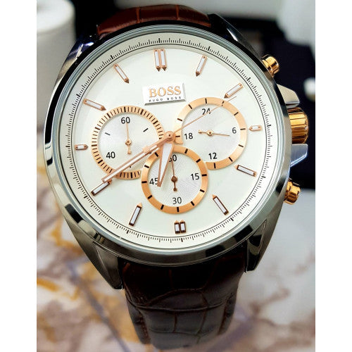 Hugo Boss Driver Quartz Silver Dial Brown Leather Strap Watch For Men - HB1512881
