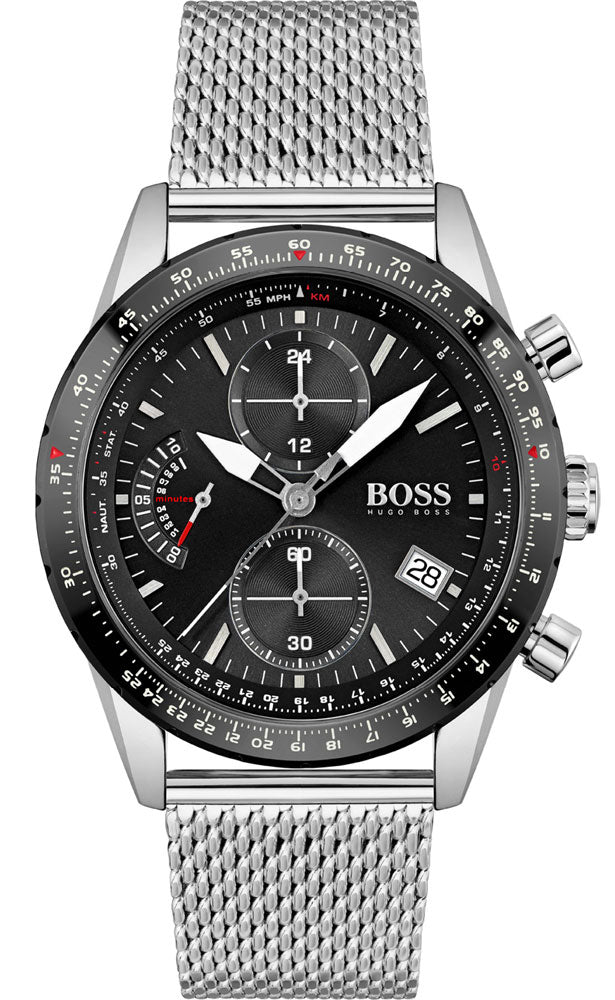 Hugo Boss Pilot Edition Chronograph Black Dial Silver Mesh Bracelet Watch for Men - 1513886