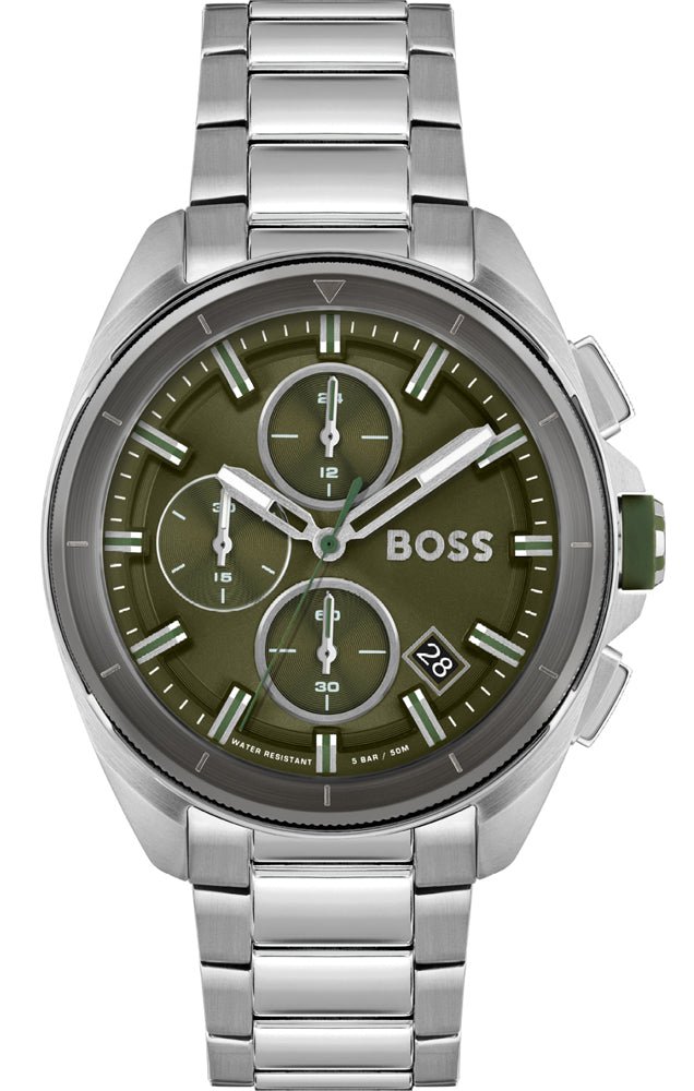 Hugo Boss Volane Chronograph Green Dial Silver Steel Strap Watch for Men - 1513951