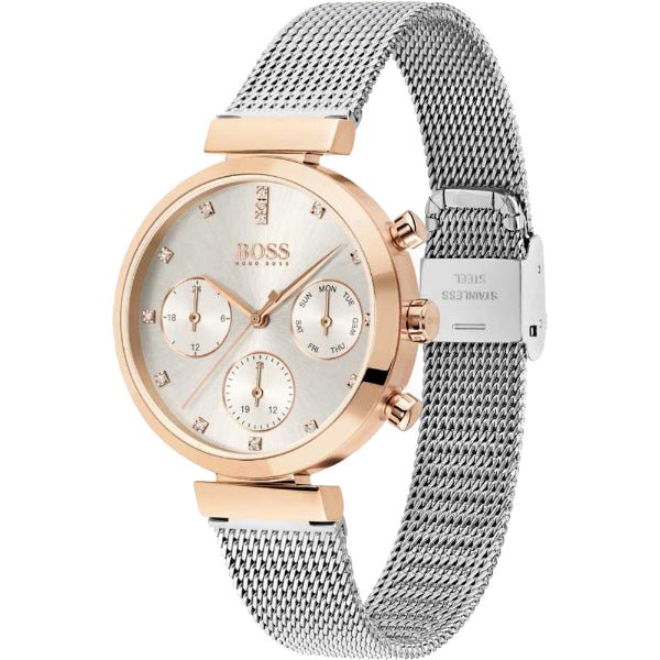 Hugo Boss Flawless Chronograph Silver Dial Silver Mesh Bracelet Watch for Women -1502551
