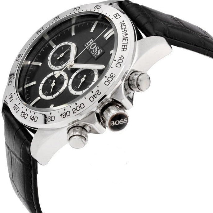 Hugo Boss Ikon Chronograph Black Dial Black Leather Strap Watch for Men - 1513178