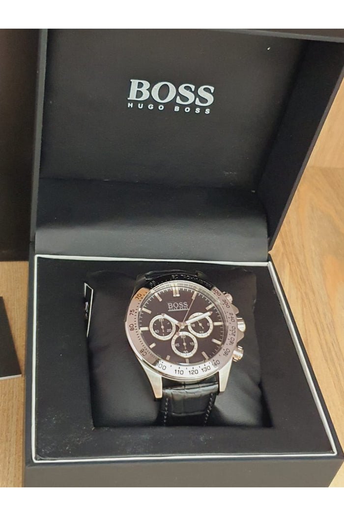 Hugo Boss Ikon Black Dial Black Leather Strap Watch for Men - 1513178