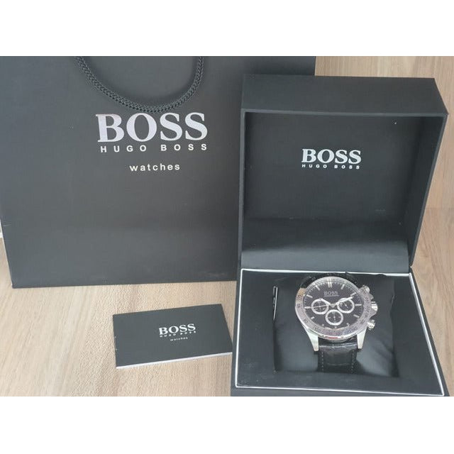 Hugo Boss Ikon Black Dial Black Leather Strap Watch for Men - 1513178