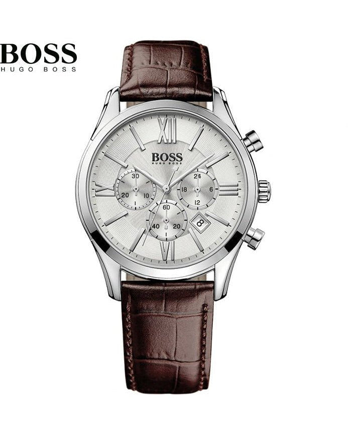 Hugo Boss Ikon Chronograph White Dial Brown Leather Strap Watch for Men - 1513175