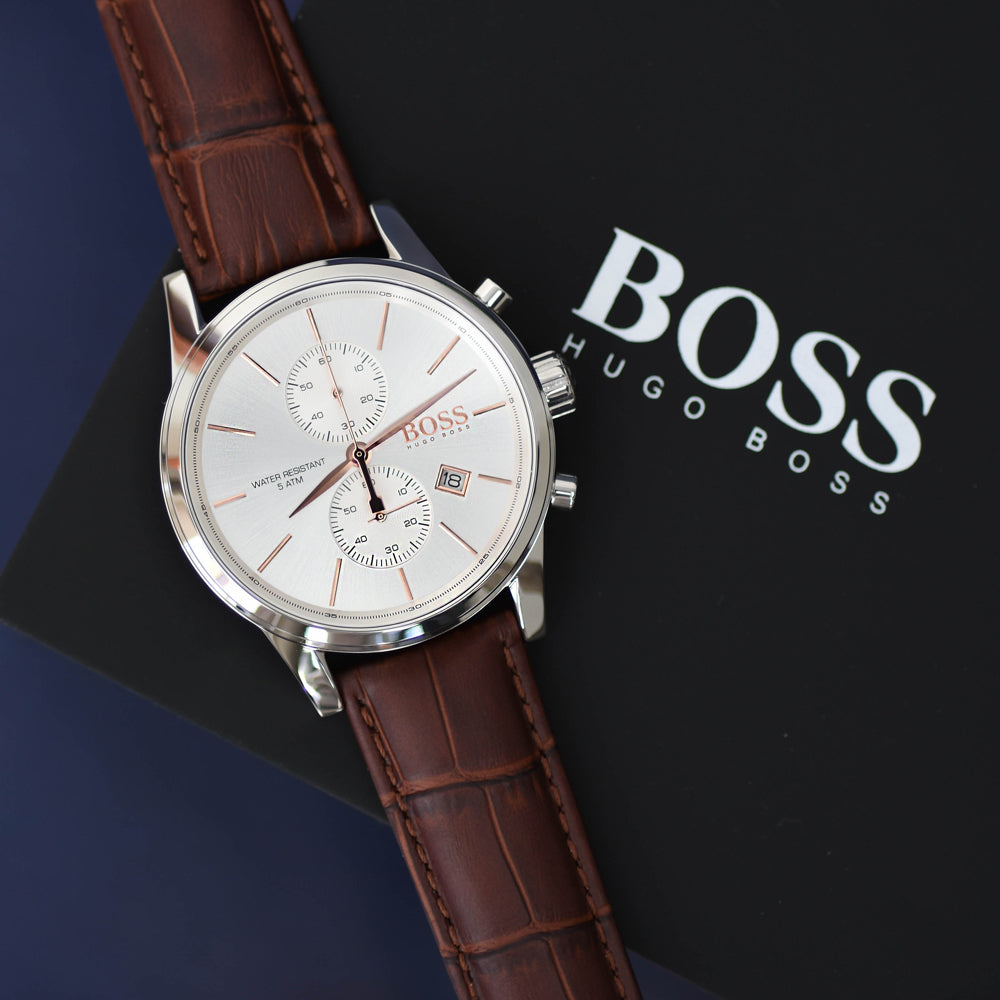 Hugo Boss Aeroliner Chronoraph White Dial Brown Leather Strap Watch For Men - 1512447