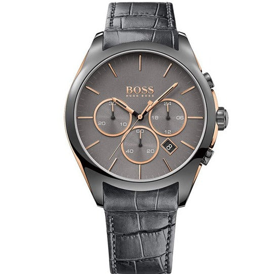 Hugo Boss Onyx Chronograph Grey Dial Black Leather Strap Watch For Men - HB1513366