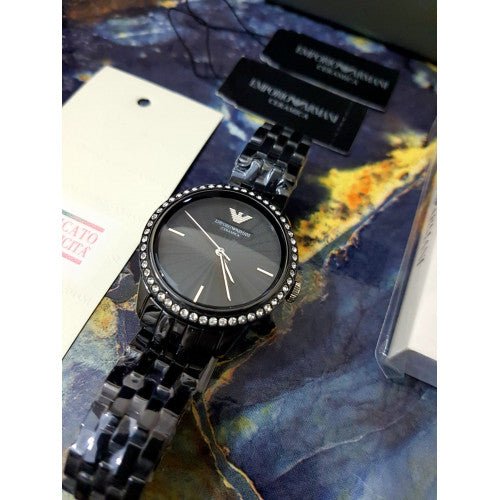 Emporio Armani Ceramica Crystals Black Dial Black Ceramic Strap Watch For Women - AR1478