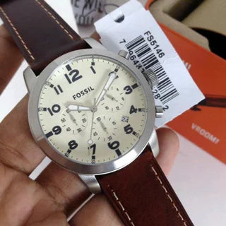Fossil Pilot Chronograph White Dial Brown Leather Strap Watch for Men - FS5146