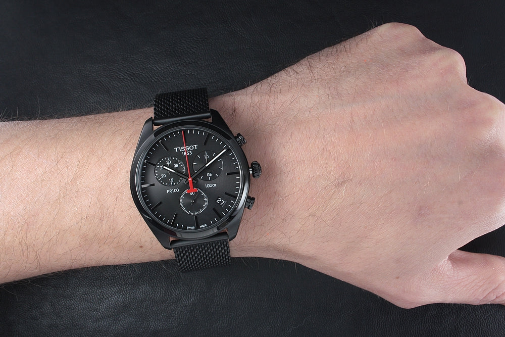 Tissot T Classic PR 100 Chronograph Black Dial Black Mesh Bracelet Watch For Men - T101.417.33.051.00