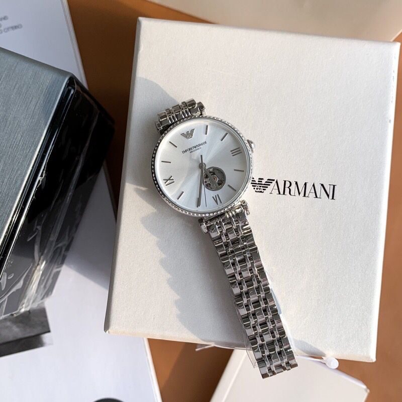 Emporio Armani Meccanico Gianni T-Bar Automatic Silver Dial Silver Steel Strap Watch For Women - AR60022