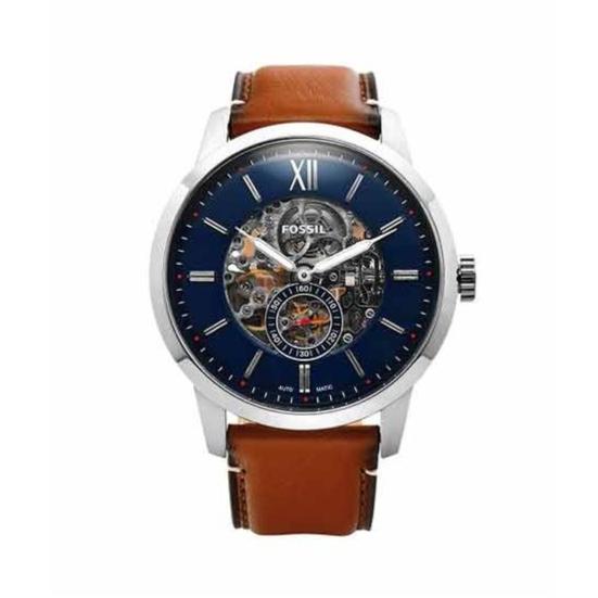 Fossil Townsman Automatic Skeleton Blue Dial Brown Leather Strap Watch for Men - ME3154