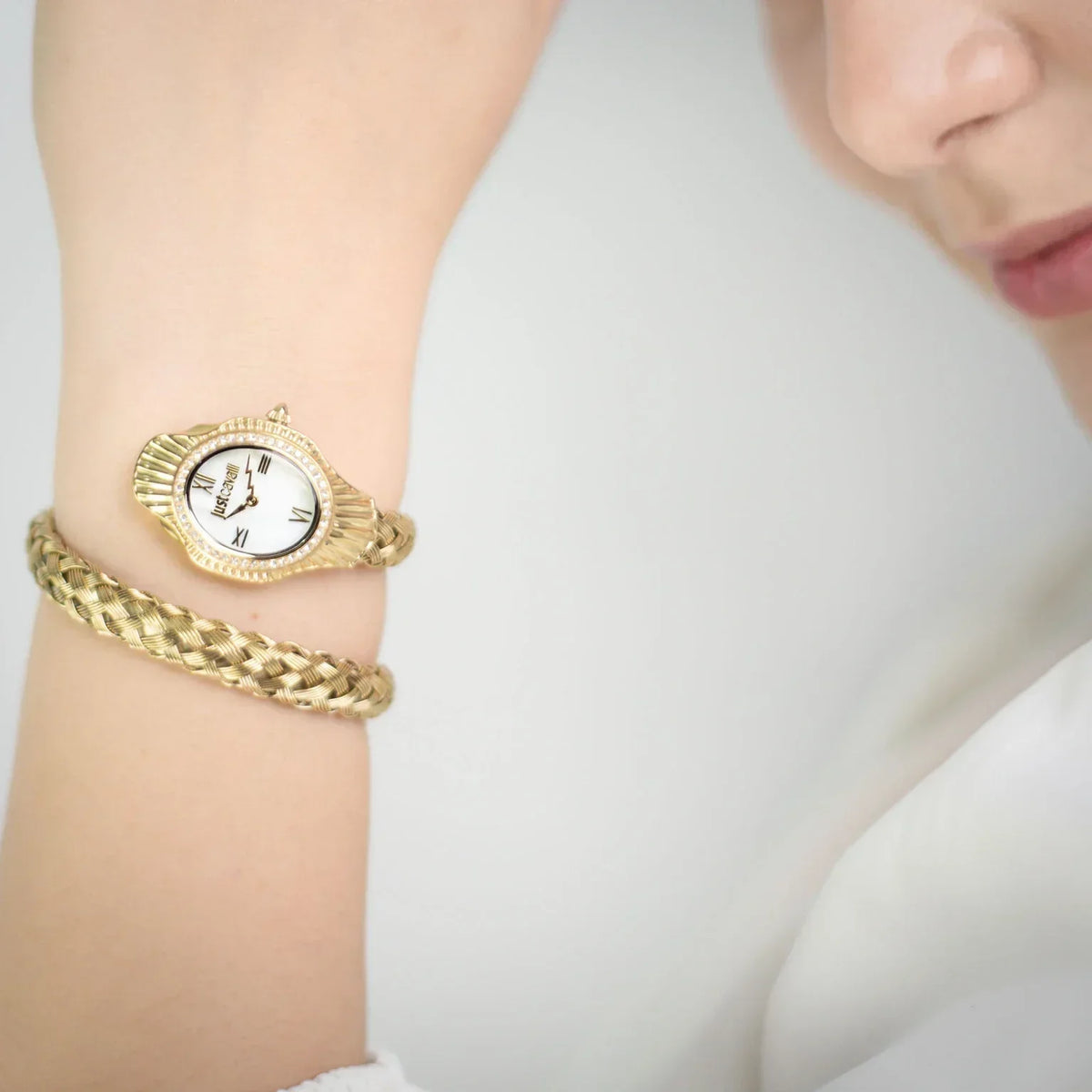 Just Cavalli Twined Mother of Pearl Dial Gold Steel Strap Watch for Women - JC1L305M0045