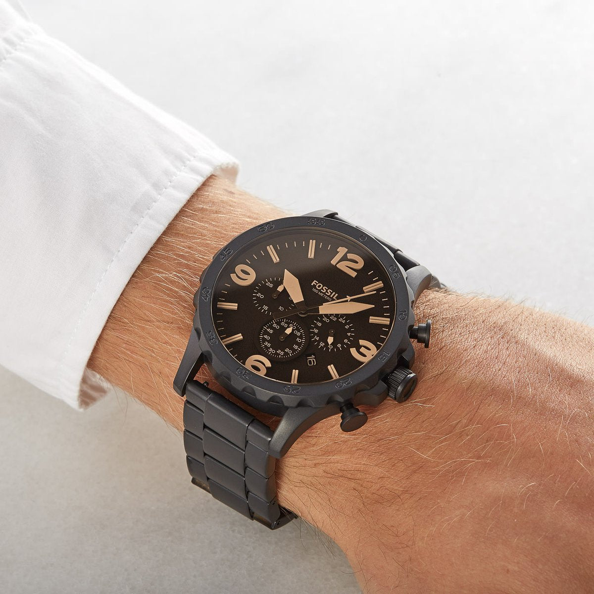Fossil Nate Chrongraph Ion Plated Black Dial Black Steel Strap Watch for Men - JR1356