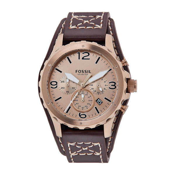 Fossil Nate Chronograph Gold Dial Brown Leather Strap Watch for Men - JR1495