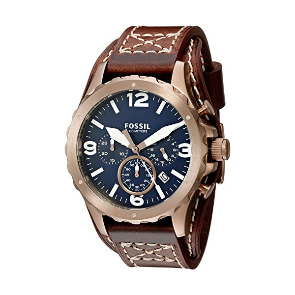 Fossil Nate Chronograph Blue Dial Brown Leather Strap Watch for Men - JR1505