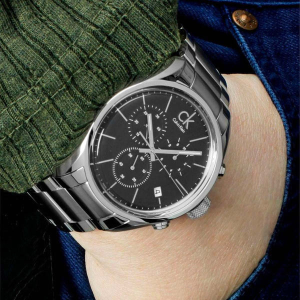 Calvin Klein Masculine Chronograph Black Dial Silver Steel Strap Watch for Men - K2H27104