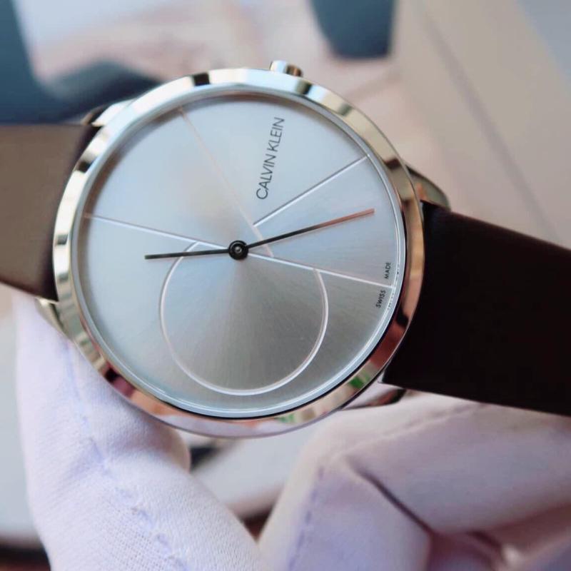 Calvin Klein Minimal Silver Dial Brown Leather Strap Watch for Men - K3M211G6
