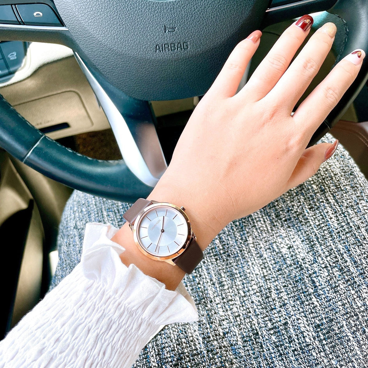 Calvin Klein Minimal White Dial Brown Leather Strap Watch for Women - K3M226G6