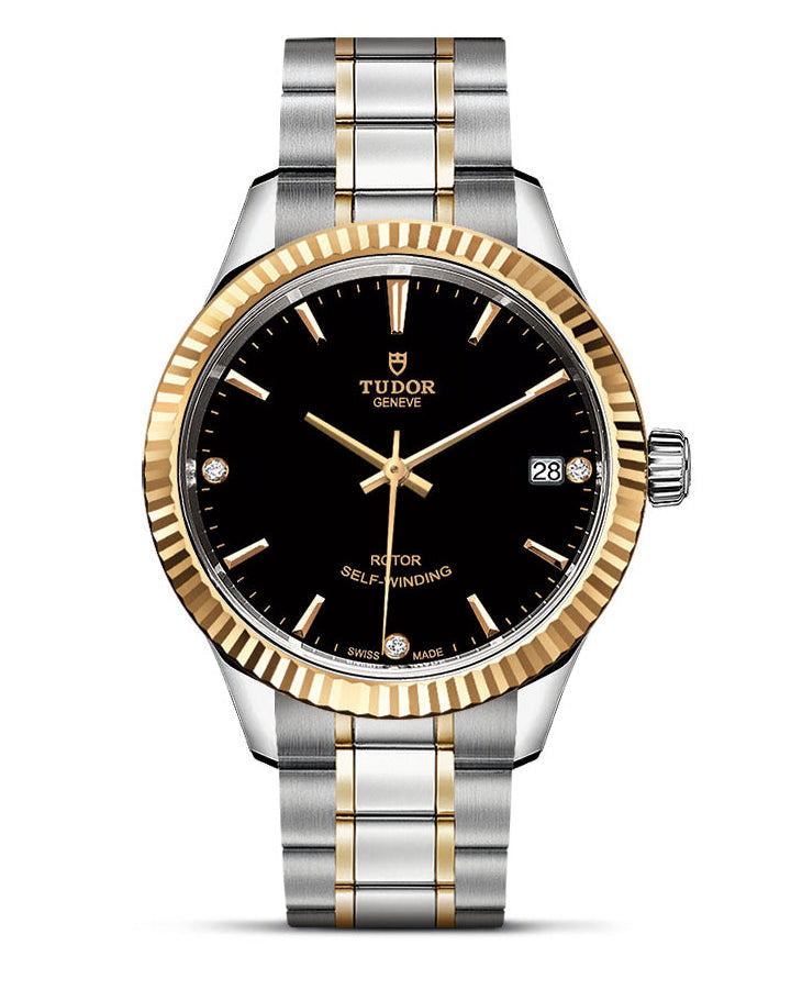 Tudor Style Automatic Diamonds Black Dial Two Tone Steel Strap Watch for Men - M12713-00011