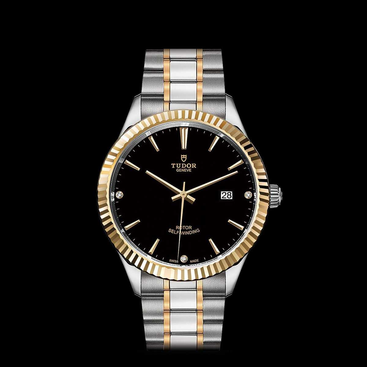 Tudor Style Automatic Diamonds Black Dial Two Tone Steel Strap Watch for Men - M12713-00011